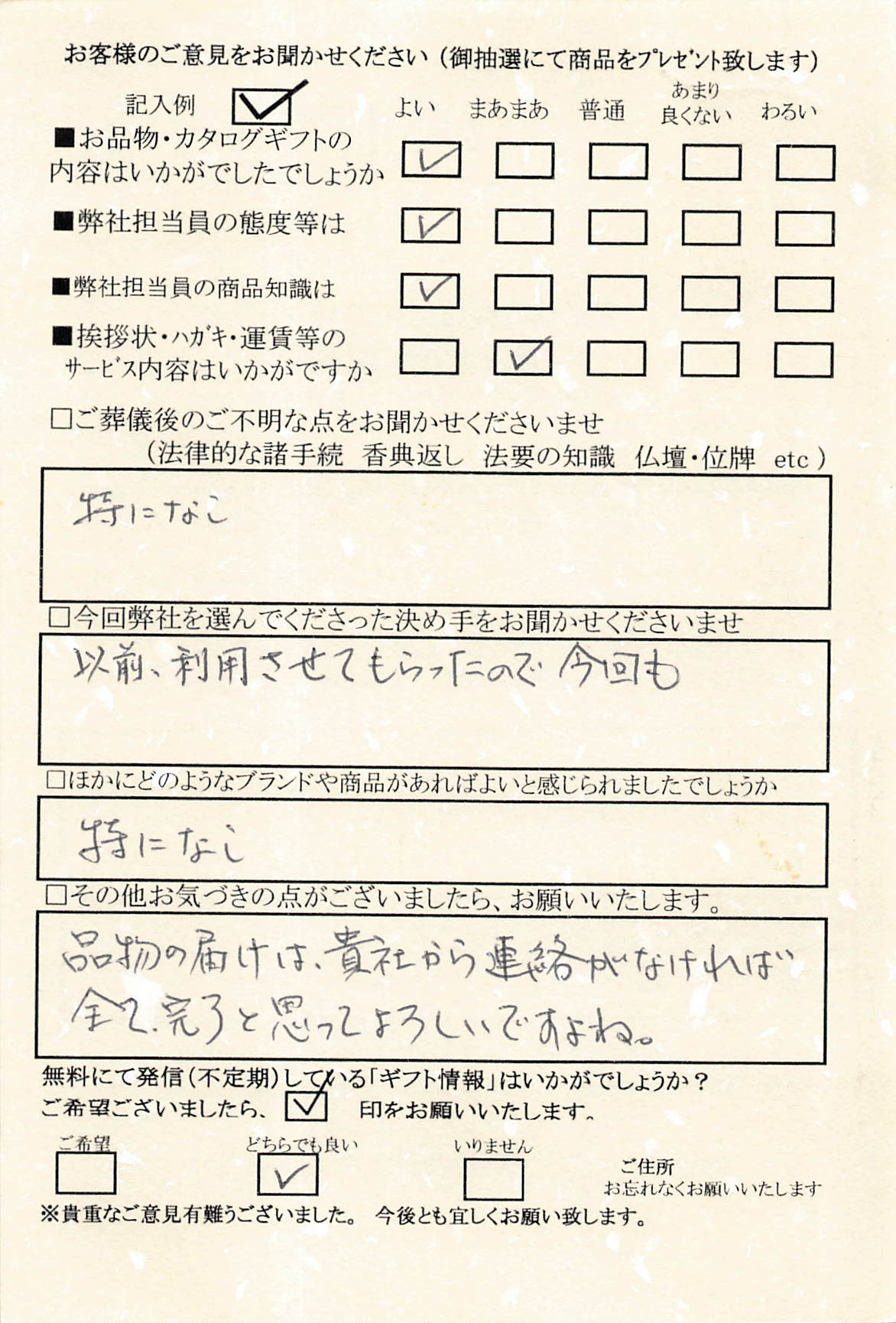 調布市 東京都 23区外 お客様の声 つばさギフト 香典返し 冠婚葬祭のお返しの商品 カタログギフト